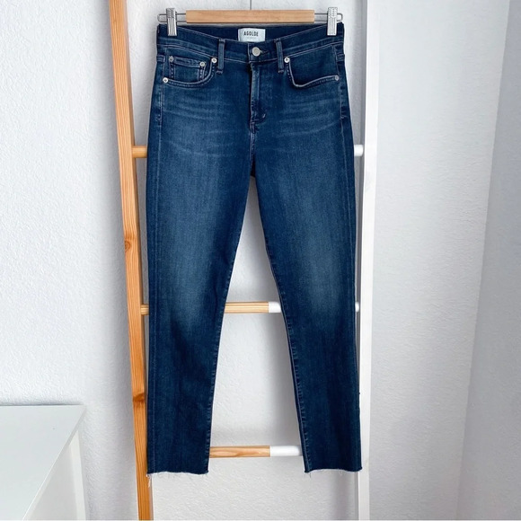Agolde Sophie Skinny Jeans Raw Hem Distressed Dark Blue Fading Cut off 26 - Picture 2 of 13